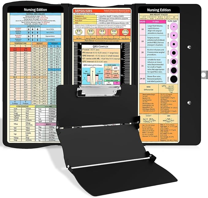 Nursing Clipboard Foldable Clipboard: Medical Nurse Clipboards with Nursing Cheat Sheets Aluminum 3 Layers Pocket Size Folding Clipboard Profile Clip for Nurses Students Doctors Black