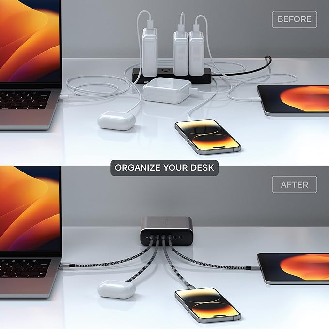 Satechi 200W 6-Port GaN Charging Station, 2 140W USB-C and 4 USB-C, Fast Charging Travel Charger for Multiple Devices, for MacBook Air/Pro M5/M4, iPad Air/Pro M5/M4, iPhone 17/16, Thunderbolt Devices