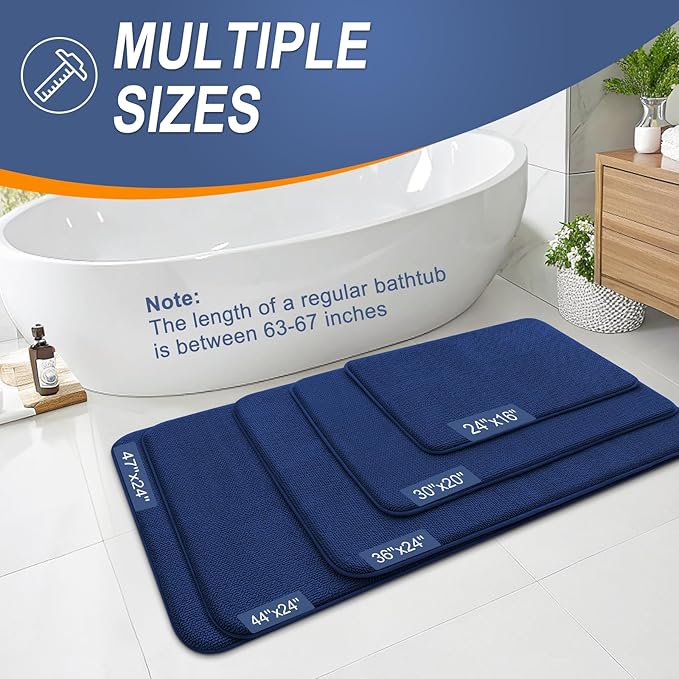 OLANLY Thick Memory Foam Bath Mat Rug 47x17, Extra Soft Absorbent Bathroom Rug, Quick Dry Bath Mats, Non-Slip, Machine Washable Carpet for Bathroom, Tub and Shower, Home Decor Accessories, Navy