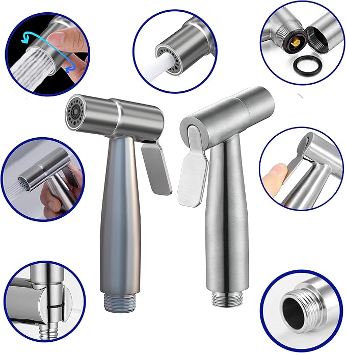 Dual Mode Stainless Steel Sprayer Head-Bidet Spray w/Brushed Chrome Finish - Cloth Diaper Shattaf - Pet Wash