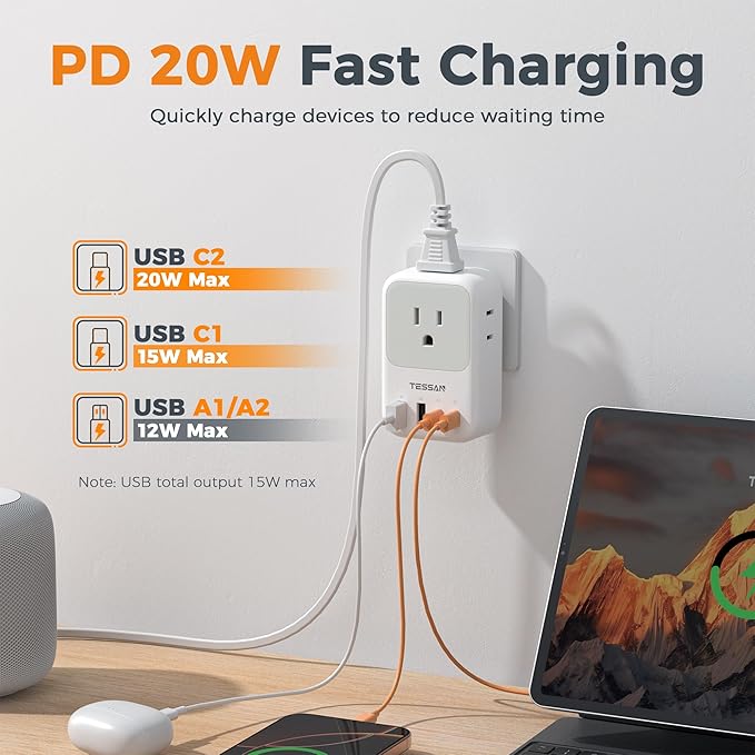 USB C Charger Block 20W, TESSAN PD Fast Charging Adapter with Foldable Plug, 1875W Power Outlet Extender(4 AC and 4 USB) for Cruise, Home, Office, Dorm
