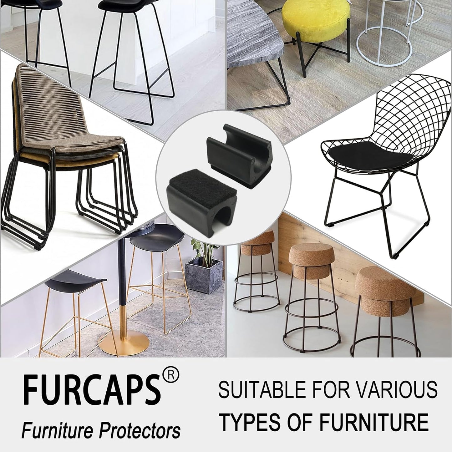 Rectangle U Shaped Chair Leg Tips Cap with Felt Pads,Furniture Feet Protector Slide Smoothly Glides,Protect Hardwood Floor No Scratches No Noise,Fit 12mm(15/32inch) Diameter Tubular Legs (Black 32PCS)