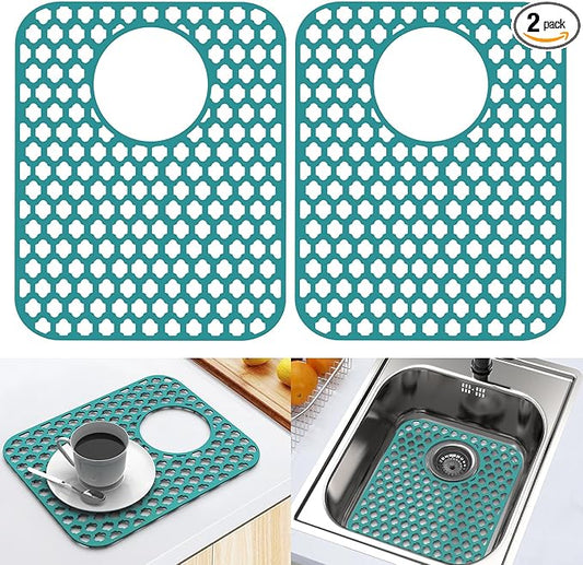 2 Pack Silicone Sink Protector for Kitchen Sink Bathroom, 13.58" x 11.6" Heat-resistant Sink Mat Non-Slip and Durable Silicone Protectors, Rear Drain, Green