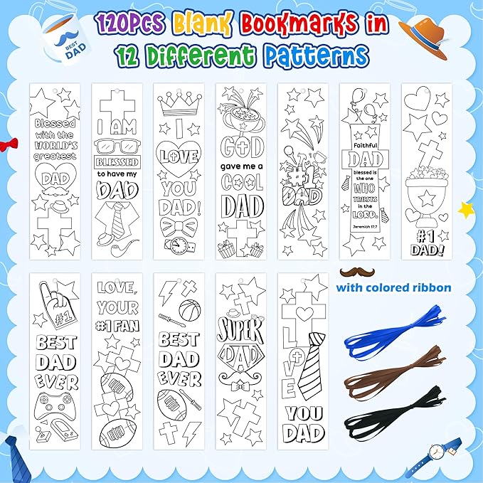 Father's Day Color Your Own Bookmarks for Kids -120Pcs Happy Father's Day DIY Coloring Bulk Blank Bookmark Classroom Art Craft Supplies for Students Sunday School Holiday Party Reward Goodie Fillers