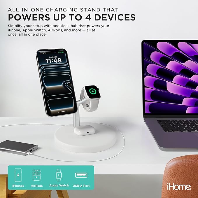 iHome Magnetic Charging Stand, 15W Wireless Charger for iPhone, Apple Watch & AirPods (4-in-1)