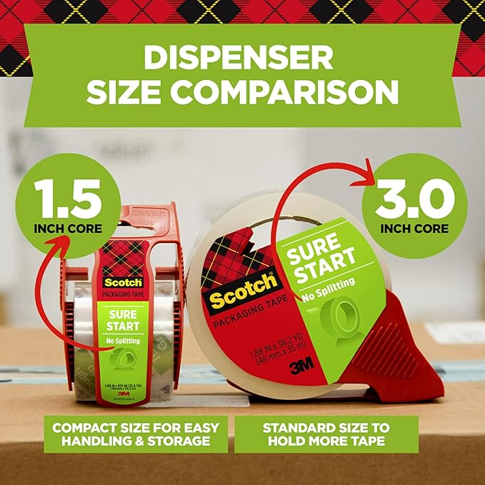 Scotch Sure Start Packing Tape, Clear, Quiet Unwind and Easy Start, Moving Supplies, 1.88 in. x 22.2 yd., 6 Tape Rolls with Dispensers