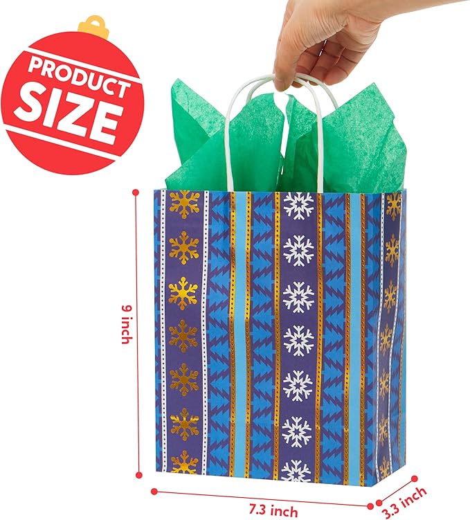 JOYIN 24 PCS Christmas Kraft Gift Bags Xmas Holiday Present Wrapping Paper Goody Bags with Handles for Classrooms and Wedding Decor, Party Favors and Decor Supplies (Blue, 9 x 7.3 x 3.3)