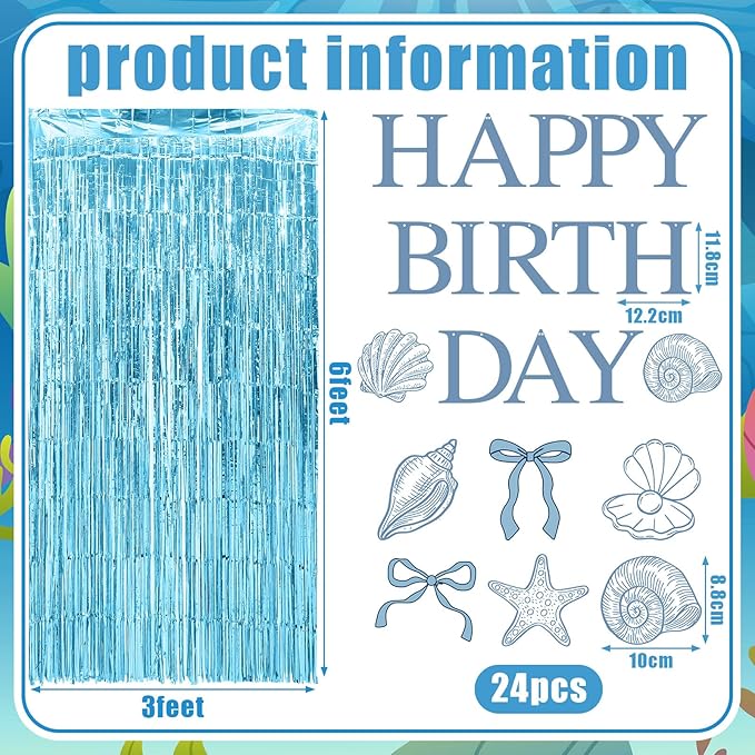 Epakh 39 Pcs Coastal Blue Bow Starfish Seashell Party Decorations Includes 24 Pcs Paper Cards Decor 13 Happy Birthday Banner 2 Foil Fringe Curtain Backdrop for Ocean Photo Prop Party Supplies