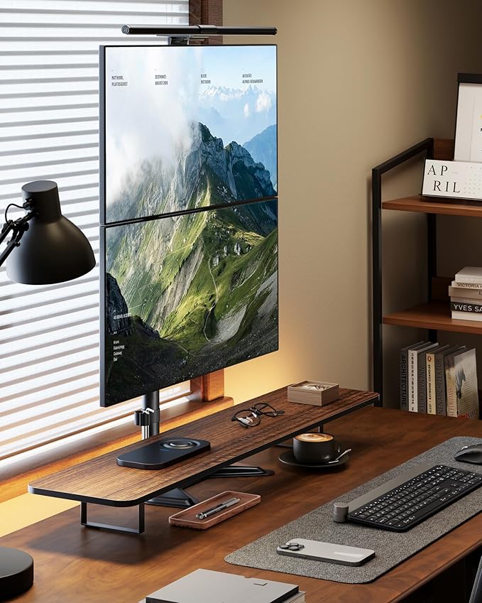 monTEK Stable Stacked Dual Monitor Stand, Heavy-Duty Vertical Monitor Mount for 17-32 inch Screen, Full Motion Arm with Tilt, Swivel, Rotation, Up to 22 lbs per Arm, Solid V-Shaped Base, VESA 100×100