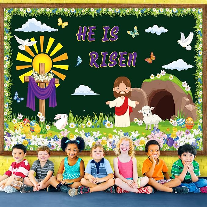 Pasimy Easter Bulletin Board Decorations Set Christian Easter Classroom Decorations Easter Bunny Egg Paper Cut Outs for School Nursery Spring Easter Birthday Party Supplies(Christian)