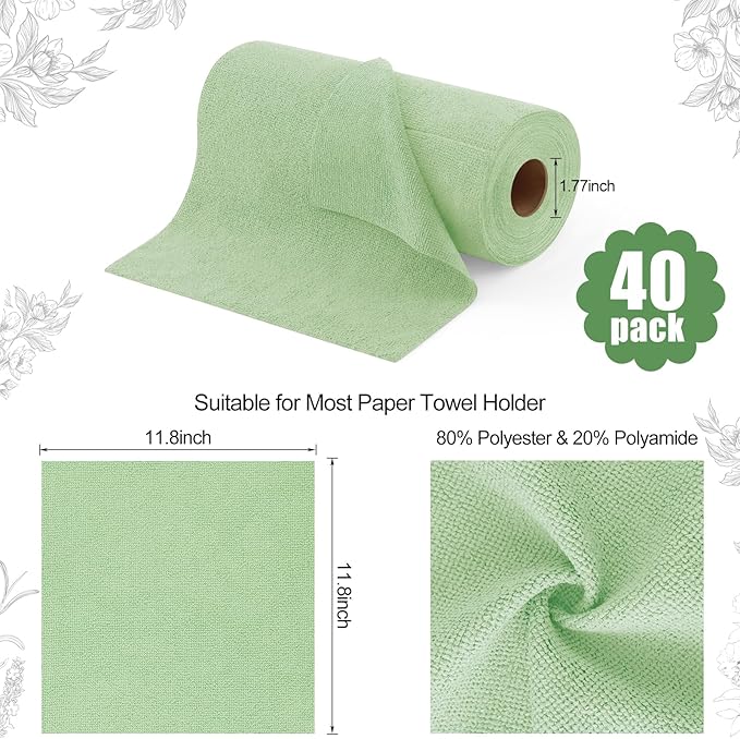 Homaxy Tear Away Dish Cloths Rolls, 40 Sheets-11.8" X 11.8", Reusable Washable Dish Towels for Kitchen, Ultra Absorbent and Quick Drying Microfiber Cleaning Rags, Green