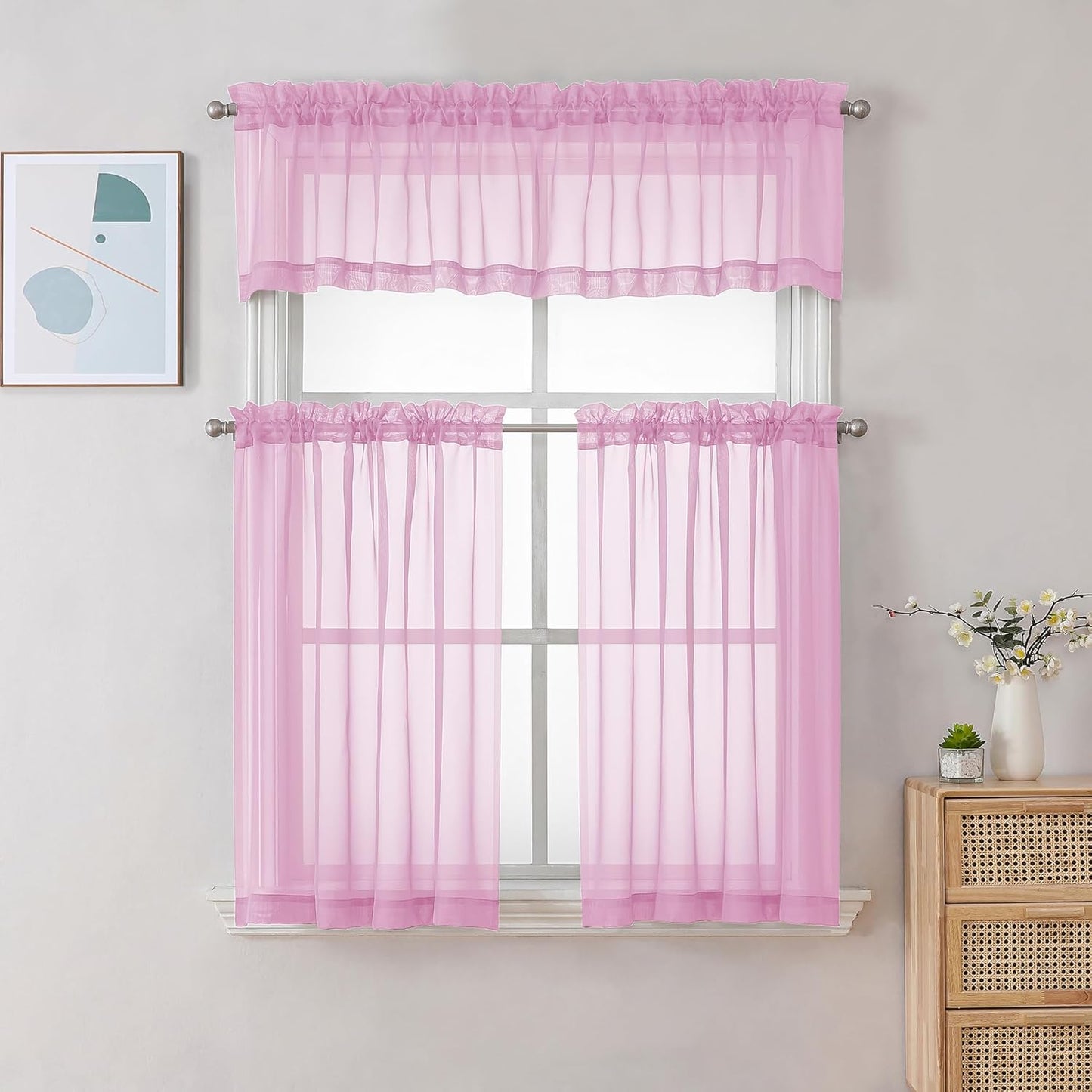 Chyhomenyc Pink Curtains Over Sink 36 Inch Length 2 Panels, Light Filtering Short Rod Pocket Voile Sheer Drapes for Bathroom Living Room Small Windows, Each 42W x 36L inches