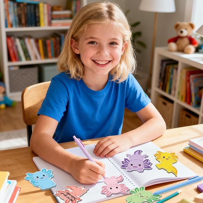 Bright Color Sticky Notes - 108 Pcs Cute Axolotl Super Sticky Notes Pens Ribbons Set Favorite Sticking Power Office Products School Supplies Clean Removal Memo Pads Index Tabs Strong Adhesive