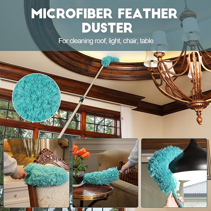 20 Foot High Reach Duster Kit with 5-12FT Extension Pole High Ceiling Dusting and Window Cleaning Kit with Telescopic Pole Window Washer&Squeegee,Cobweb Duster,Fan Duster and Feather Duster