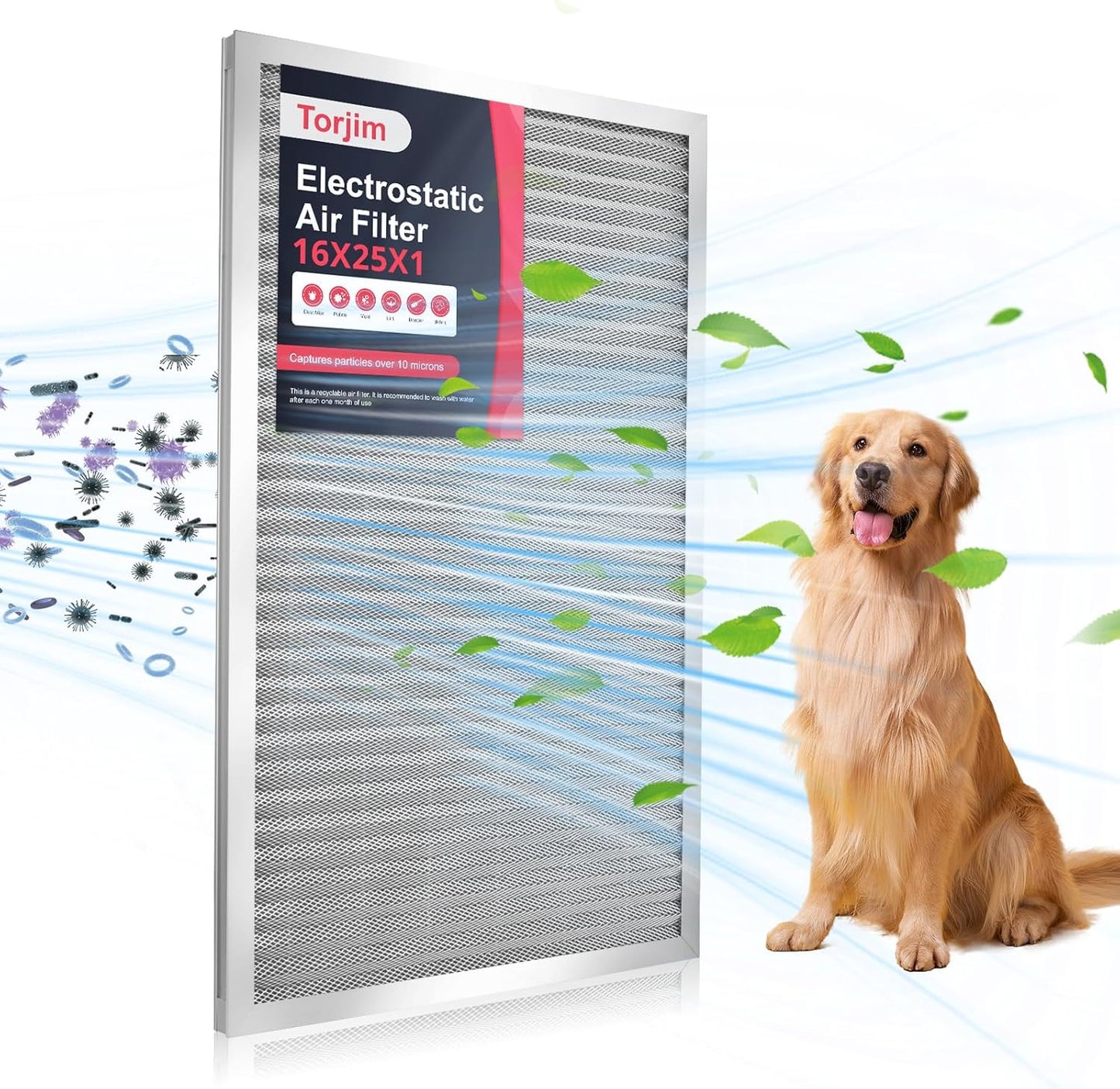 Torjim 16x25x1 MERV8 Washable & Reusable Electrostatic Air Filter - AC/HVAC Furnace Filter, Permanent, Easy Install
