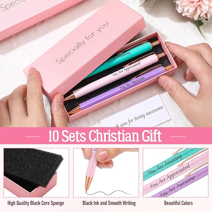 Tenceur 50 Pcs Pink Thank You Gifts for Women Bulk Employee Appreciation Gift Set with 30 Luxury Ballpoint Pens 10 Greeting Cards and 10 Gift Boxes for Teacher Nurse Coworker Volunteers(Christian)