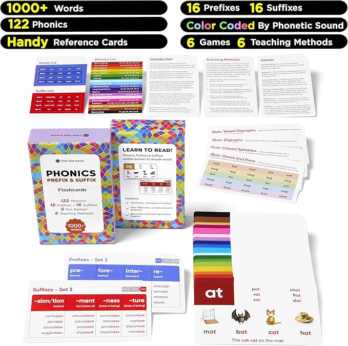 Award-Winning Phonics & Vocabulary Flash Cards – 1000+ Words with Prefixes, Suffixes & CVC – Games & Visual Aids – Ages 4–8 – Pre-K to 3rd Grade