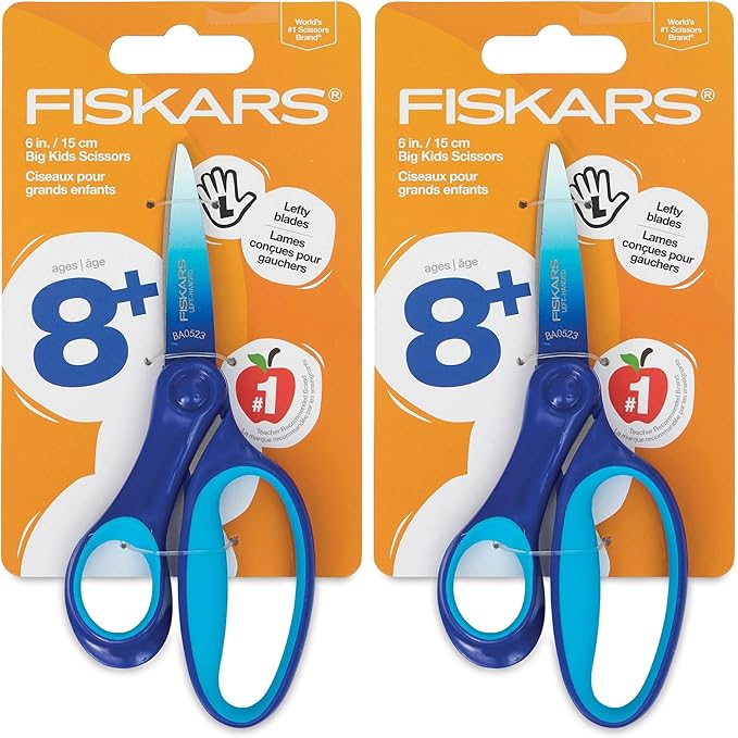 Fiskars 6" Left-Handed Big Kids Scissors for Ages 8-11, Scissors for School or Crafting, Back to School Supplies, Ombre Blue-Turquoise,(Pack of 2)
