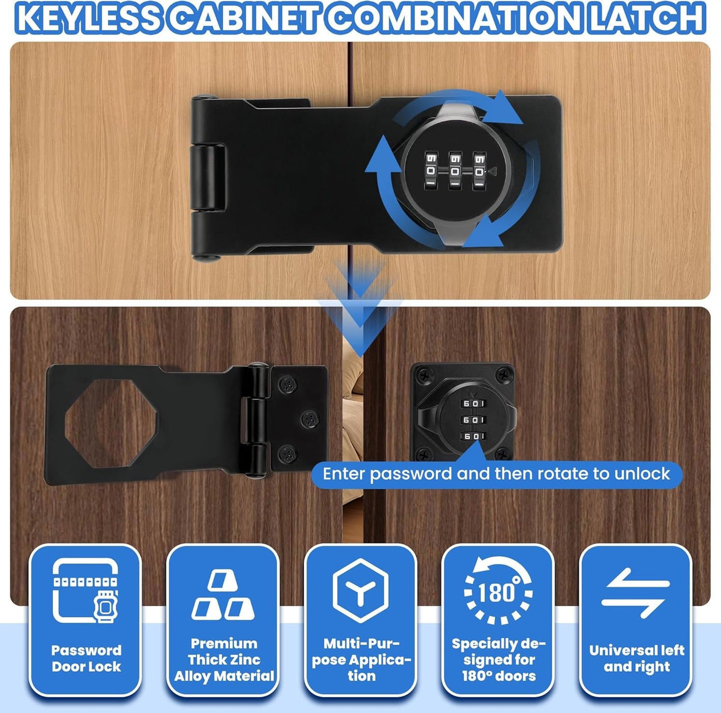Keyless Cabinet Lock with Combination Code - 3-Digit Password Hasp Latch Lock for Drawers, Bifold Closet Door and Double Sided Door (Black, 4.5 Inch, 2 Pack)