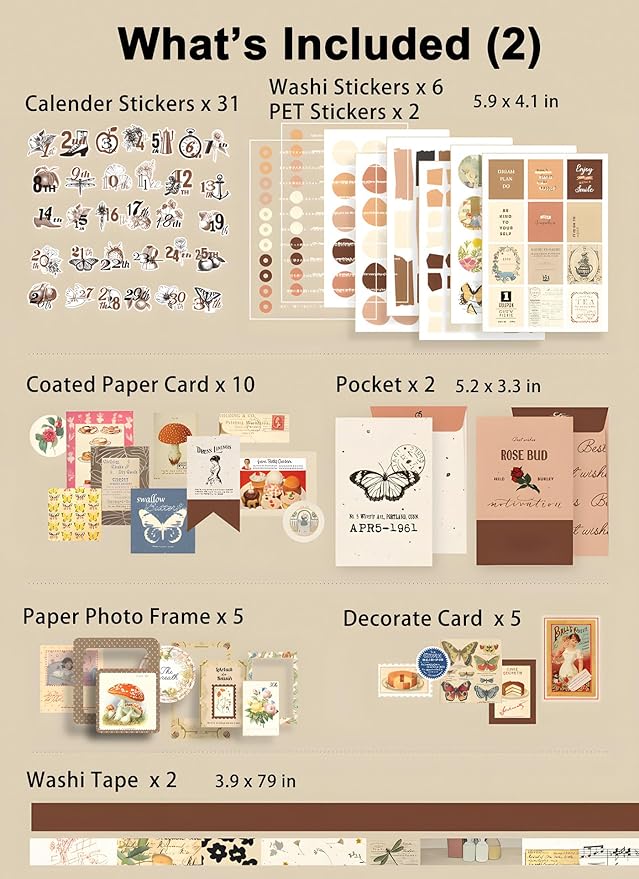 JOYCHOIC Vintage Junk Journal Supplies Kit, Brown Scrapbook Supplies, Scrapbooking and Journaling Materials, Large Collection for Women, Stationery DIY Arts Craft, Adults