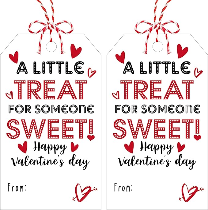 50Pcs Valentines Day Gift Sticker Tags - 3.5 x 2.1 in A Little Treat Happy Valentine Tags with String, Gift Label Idea Valentines Activity School Classroom Party Favors