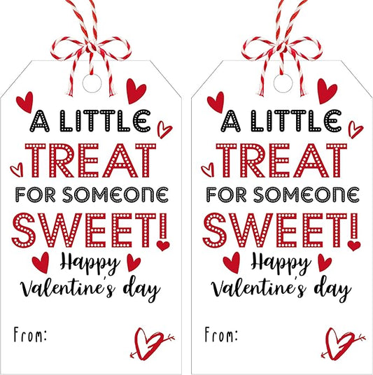 50Pcs Valentines Day Gift Sticker Tags - 3.5 x 2.1 in A Little Treat Happy Valentine Tags with String, Gift Label Idea Valentines Activity School Classroom Party Favors