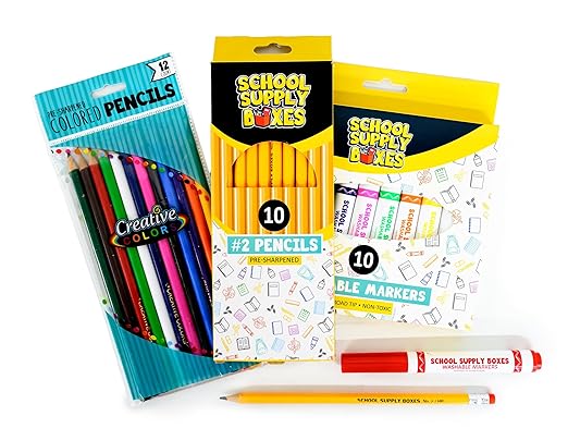 Back to School Supply Box (Case - 4 Boxes) - Grades K-5 Back to School Supplies - 32 Piece Kit Includes Markers, Crayons, Pencils, Scissors, Folders, Glue Sticks, Notebook, and Composition Book