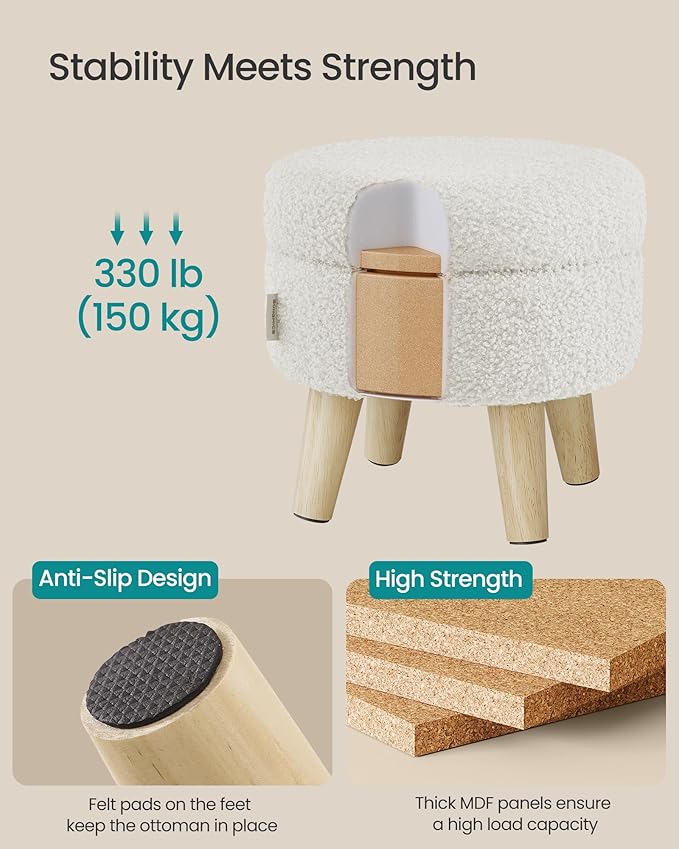 SONGMICS Storage Ottoman, Foot Stool, Round Ottoman with Padded Seat, Foot Rest with Wood Legs, Small Table, for Hallway, Living Room, 12.2 Inches, Teddy Fleece, White ULOM515WD01