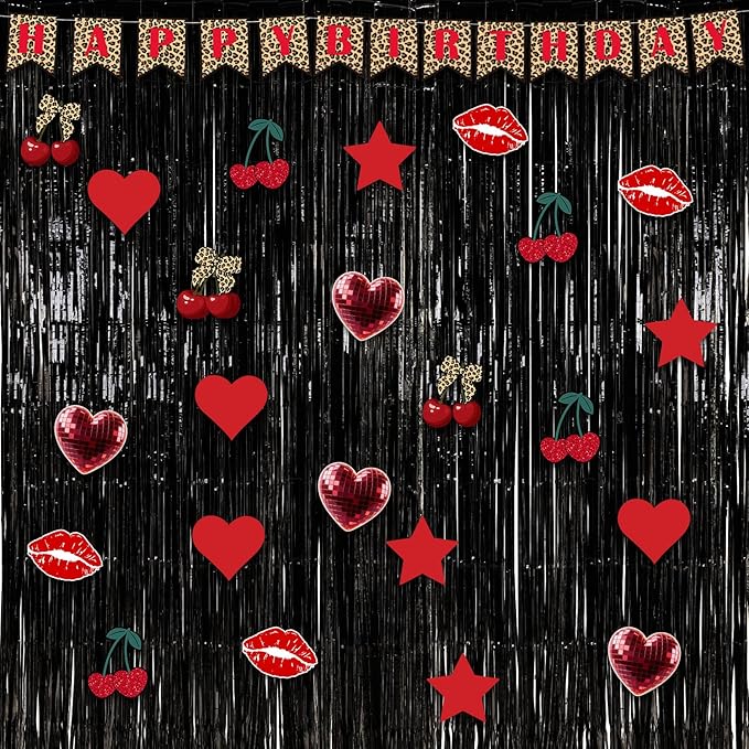 Epakh 39 Pcs Cheetah Cherry Birthday Party Decorations Includes 24 Pieces Paper Cards Decor 13 Pcs Happy Birthday Banner 2 Foil Fringe Curtain Backdrop for Photo Prop Themed Party Supplies