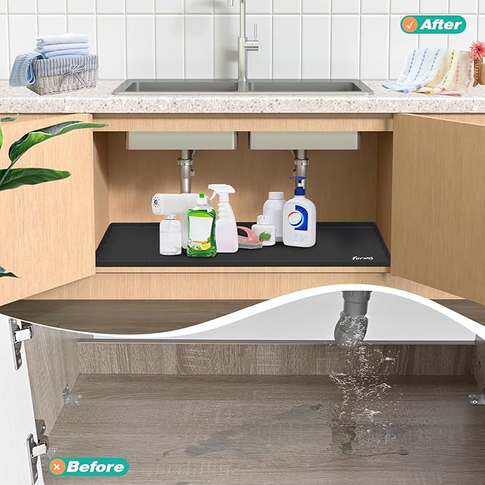 Waterproof Under Sink Mat 31" x 22", Silicone Cabinet Liner, Rubber Protector for Kitchen and Bathroom, Keeps Cabinets Clean, Dry, and Organized (Black)