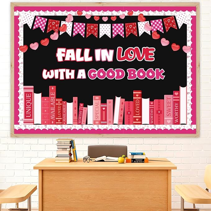 69Pcs Valentine's Day Reading Bulletin Board Decorations, Valentines Library Classroom Bulletin Board Set Heart Book Cutouts Home Window Door Wall February Party Decor for Teacher