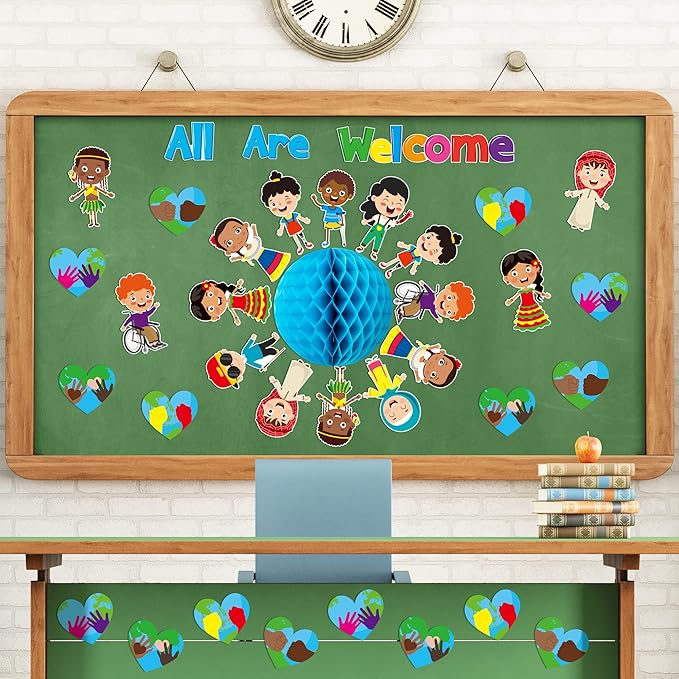 BeYumi 75PCS Student Diversity Bulletin Board Set All are Welcome Hearts Cutouts Earth Honeycomb Inclusion Multicultural Bulletin Board Back to School Equality One World Classroom Door Decoration