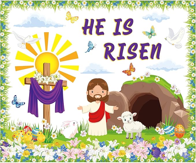 Pasimy Easter Bulletin Board Decorations Set Christian Easter Classroom Decorations Easter Bunny Egg Paper Cut Outs for School Nursery Spring Easter Birthday Party Supplies(Christian)