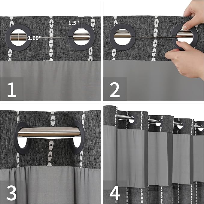 No Hook Extra Long Shower Curtain Set with Snap-in Liner,Linen Textured Thick Striped Fabric with Tassels,Boho Chic Modern Farmhouse Bathroom Curtain,Water-Repellent,Charcoal Grey,71x86