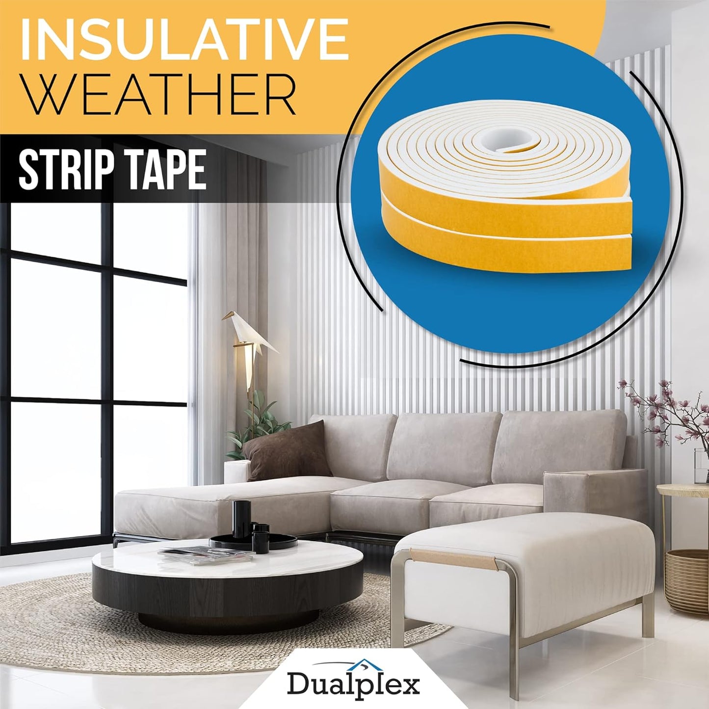 High Density Foam Weather Stripping Door Seal Strip Insulation Tape Roll for Insulating Door Frame, Window, Air Conditioner | Self Adhesive Sealing Weatherstrip (White, 1/2 in x 1/2 in x 30Ft)