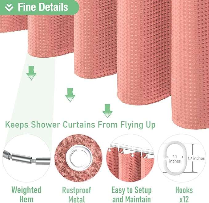 Dynamene Extra Long Shower Curtain - 96 Inch Long Waffle Weave Weighted Thick Cloth Bathroom Shower Curtain, Neutral Heavy Duty Hotel Bath Curtain Set with 12 Plastic Hooks,72x96, Coral
