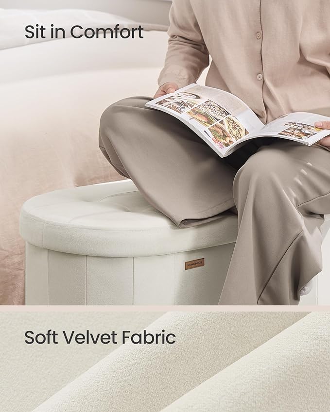 SONGMICS Mazie Collection - Folding Ottoman with Storage, Oval Storage Ottoman Bench, for Living Room, Bedroom, Velvet Fabric, 15 x 43 x 15 Inches, Cream White ULSF297LH01
