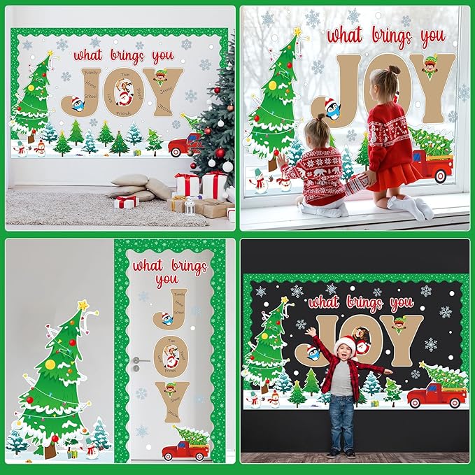 Christmas Winter Bulletin Board Set What Brings You Joy Bulletin Board Classroom Decorations Xmas Tree Snowflake Reindeer Paper Cutouts for Xmas Holiday Classroom School Blackboard Wall Door Decor