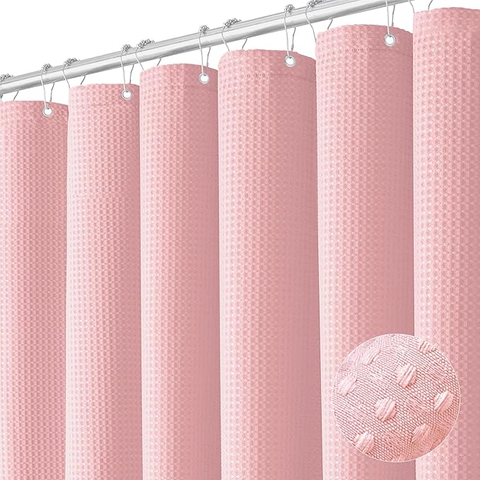 Dynamene Extra Wide Shower Curtain-108 Inch Wide Waffle Weave Weighted Thick Cloth Bathroom Shower Curtain, Neutral Heavy Duty Hotel Bath Curtain Set with 18 Plastic Hooks,108x72, Pink