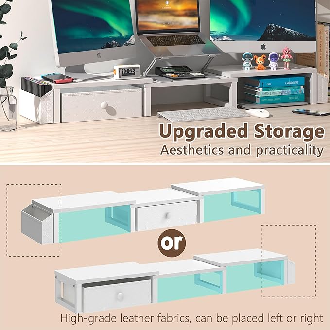 LAND·VOI Heavy Duty Dual Monitor Stand, Holds 2 Screens Up to 27 Inches, Adjustable Length and Angle Monitor Riser, Desk Organizer with Side Pockets and Drawers, Home Office Desk Storage, White