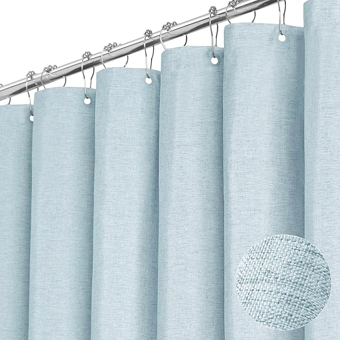 BTTN Extra Long Shower Curtain - 72x96 Inch Long Linen Textured Heavy Duty Fabric Shower Curtain Set with 12 Plastic Hooks, Tall Decorative Neutral Waterproof Shower Curtains for Bathroom, Fog Blue