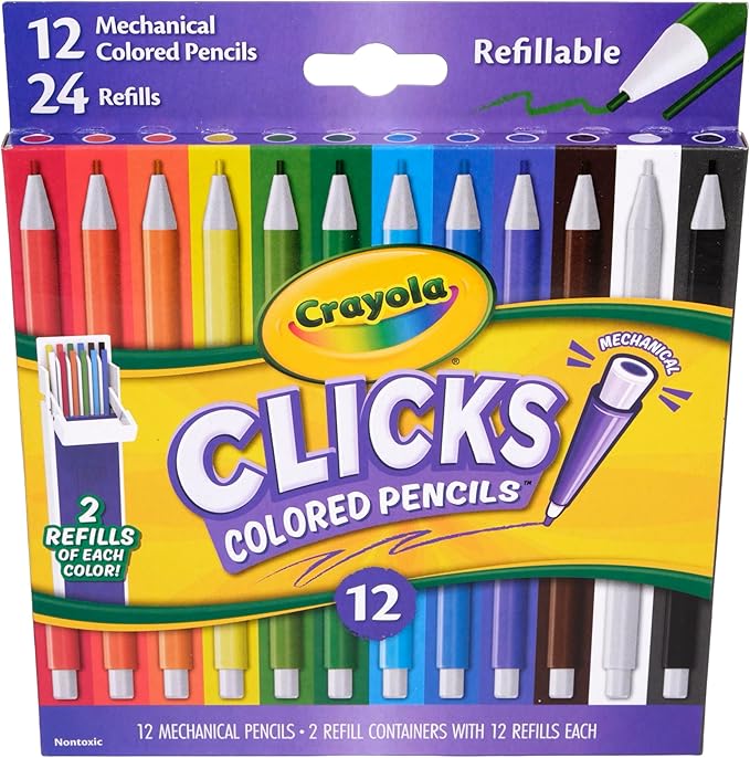 Crayola Clicks 2.0mm Mechanical Colored Pencil Set, 12 Assorted Colors, Coloring Pencils for Kids, No Sharpen, 24 Replacement Cores, Ages 5+