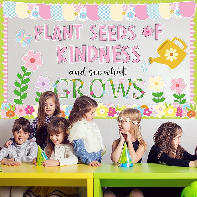 Spring Floral Bulletin Board Set Plant Kindness Colorful Flower Paper Cutouts Motivational Plants Classroom Decoration for Summer Wall Door Decor Kindergarten Back to School Supply