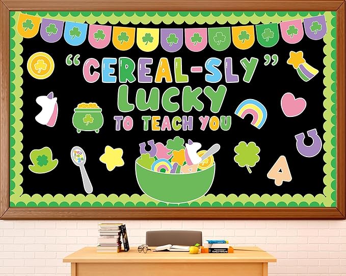 St. Patrick's Day Bulletin Board Set March Classroom Decorations Lucky Shamrock Unicorn Paper Cutouts St. Patrick's Day Green Bulletin Board Borders for School Wall Door Decor