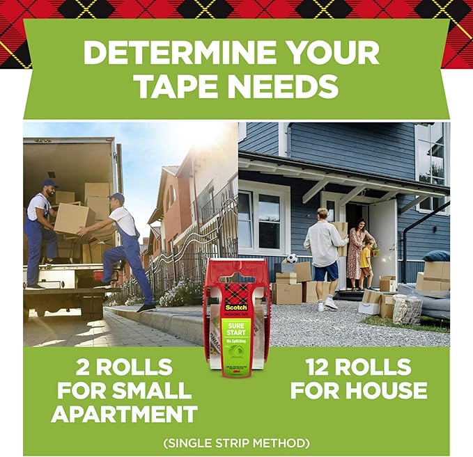 Scotch Sure Start Packing Tape, Clear, Quiet Unwind and Easy Start, Moving Supplies, 1.88 in. x 22.2 yd., 6 Tape Rolls with Dispensers