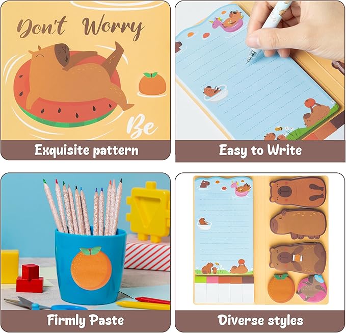 B1ykin Cute Sticky Notes Set - Don’t Worry Be Capy Self-Stick Notes Pad, 550 Sheets Writing Memo Pages Sticky Notepad for Teacher Appreciation Gift School Office Party Favors Supplies (Capybara)