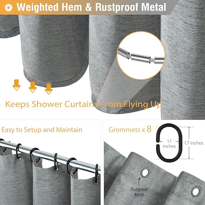 BTTN Stall Fabric Shower Curtain - 48x72 Inch Narrow Linen Textured Heavy Duty Shower Curtain Set with 8 Plastic Hooks, Hotel Spa Luxury Small Neutral Waterproof Bath Curtains for Bathroom - Gray/Grey