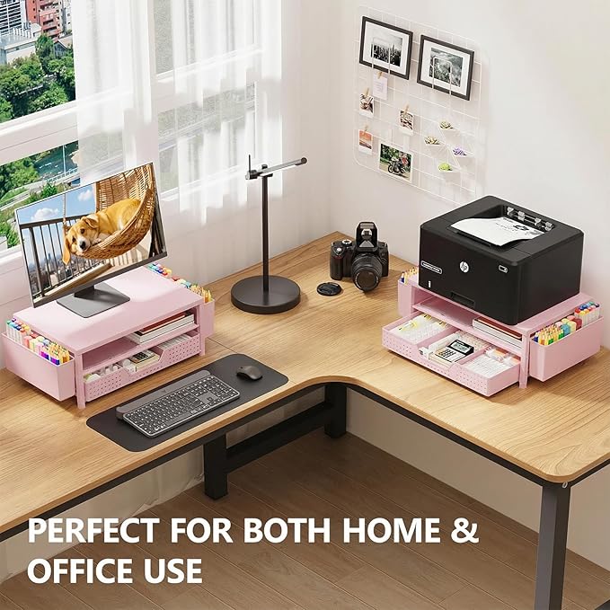 OPNICE Desk Organizers and Accessories, 2-Tier Computer Monitor Stand Riser with Drawer and 2 Pen Holders, Laptop Stand, Office Desk Accessories for Office Supplies, Pink