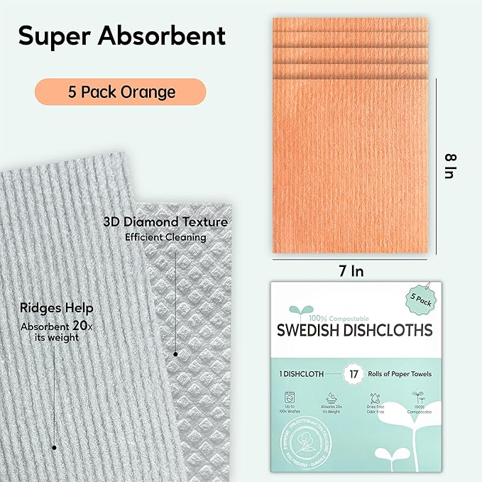 Swedish Dishcloths for Kitchen, 5 Pack Swedish Dish Cloths, Ultra Absorbent Reusable Paper Towels, Cellulose Sponge Cloths, Quick Drying, No Odor, Dishwasher Safe Orange