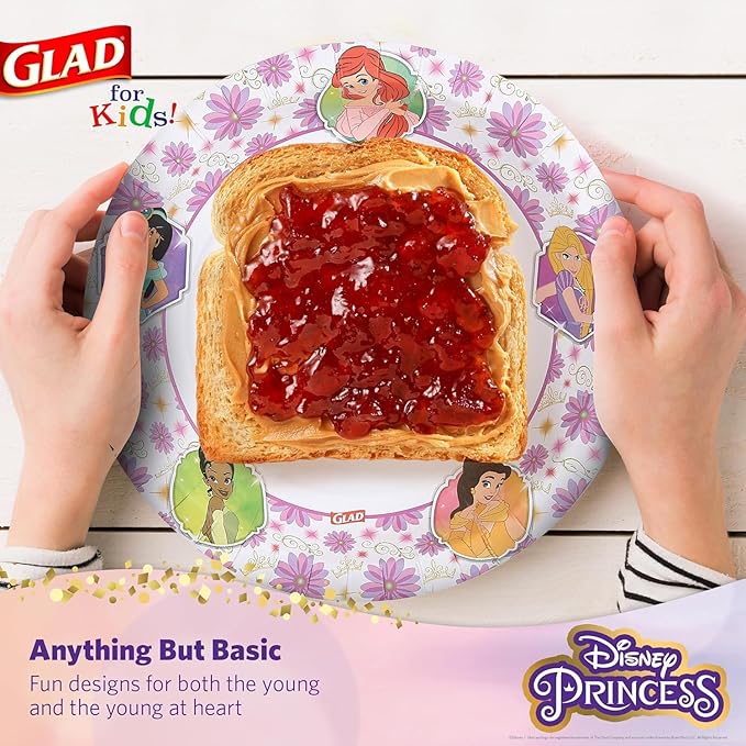 Glad Disney Princess Kids Paper Plates, Heavy Duty Soak Proof and Microwavable, Cut Resistant Disposable Snack Plates for Everyday Meals, School Lunches and Birthday Parties, 8.5 Inch, 40 Count - 2 Pk
